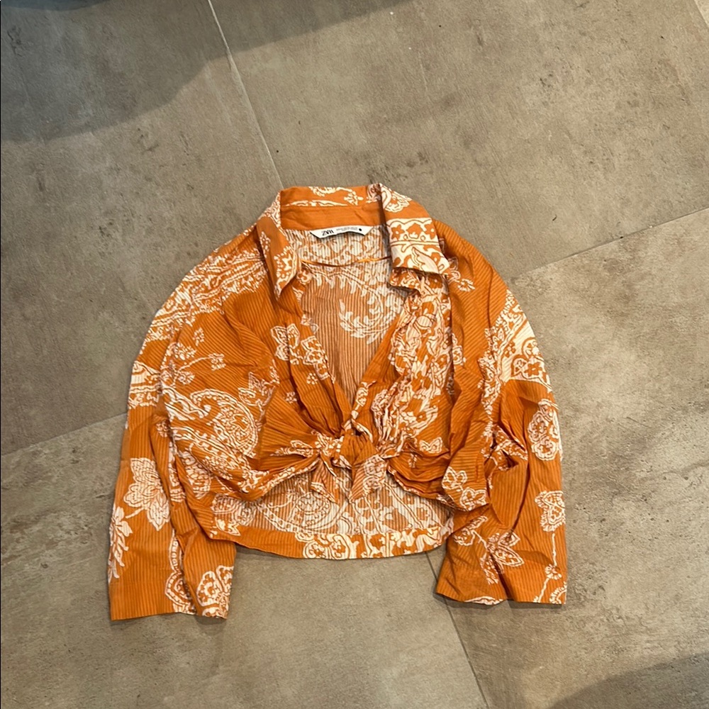 Vibrant Orange Crop Blouse with Plunge V-Neck and Long Sleeves